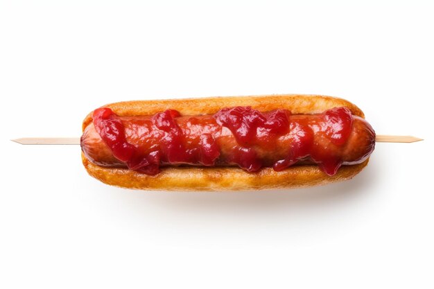 Korean street food corn dog sausage in dough on a stick with ketchup and mustard