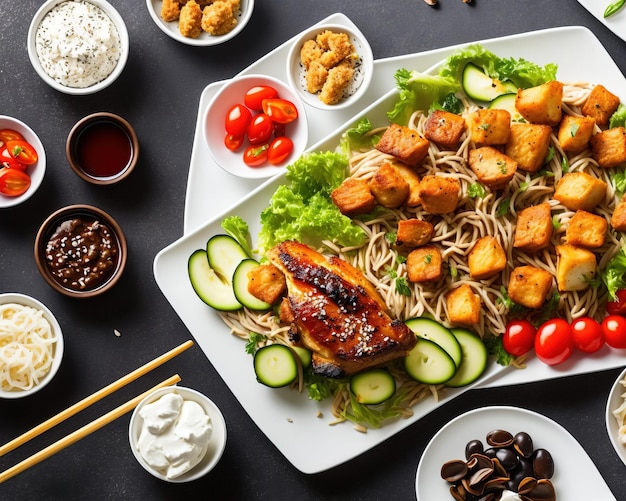 korean style thick noodles with sauce and chicken