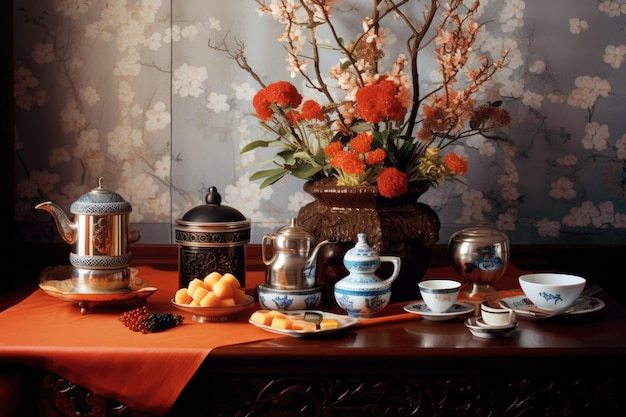 Korean tea ceremony with ornate teaware and decorations created with generative ai