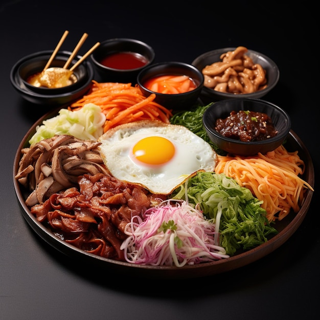 Photo korean traditional food anyway very famous international food on wooden table bibimbap