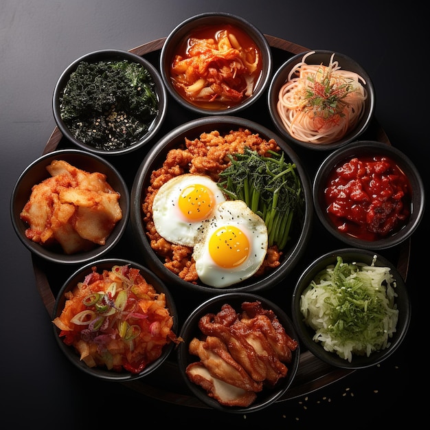 Photo korean traditional food anyway very famous international food on wooden table bibimbap