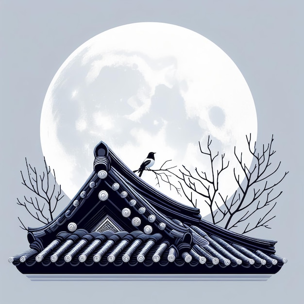 Korean traditional house magpie on tile roof New Year background