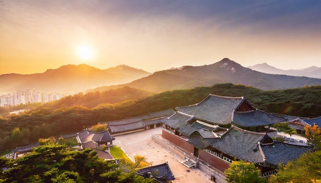 Photo korean traditional traditional holiday background palace with mountain at sunrise