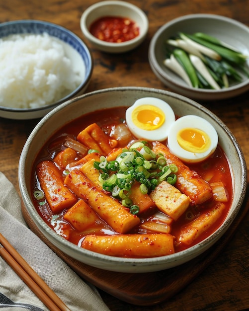 매콤한 떡볶이에 달걀 프라이를 얹고 파와 참깨를 곁들인 한국식 떡볶이 요리