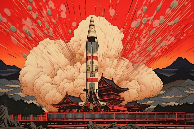 Korean War Memorial and Rocket in the Red Sky Illustration