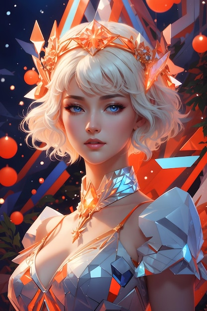 Korean Winter Wonderland Short White Hair Frosty Crown and an Orange Dress