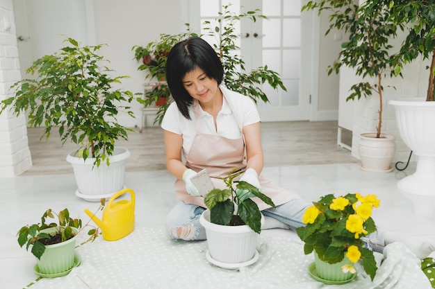 A Korean woman in an apron takes care of plants and flowers in a pot Home gardening and floriculture