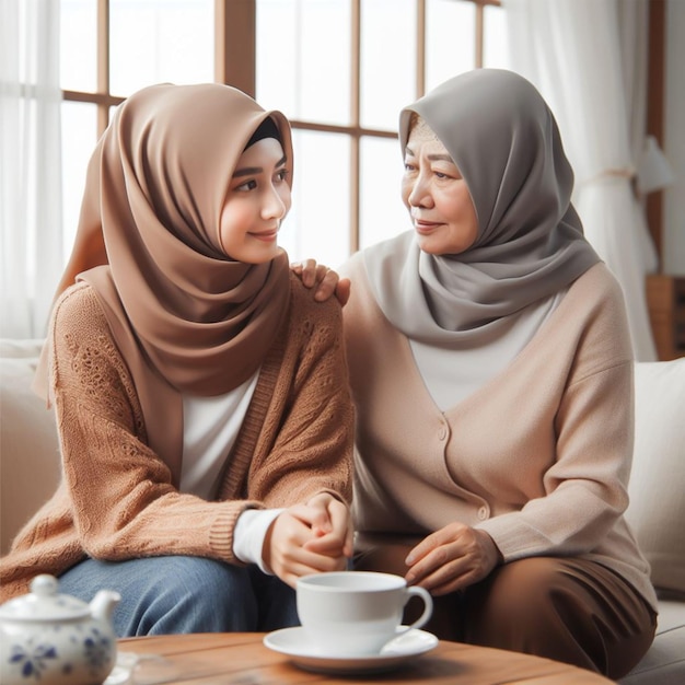 Korean woman chatting with her mother