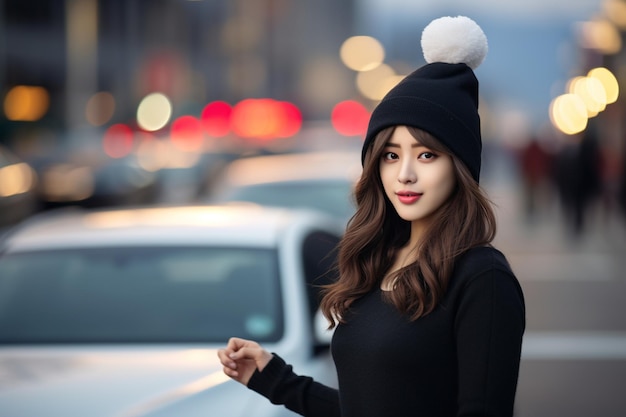 a Korean woman has a nice hairstyle with a Christmas atmosphere in the background