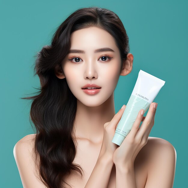 Korean woman holding tube of facial cream on turquoise background closeup