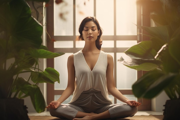 Korean woman meditating in lotus position at home meditating