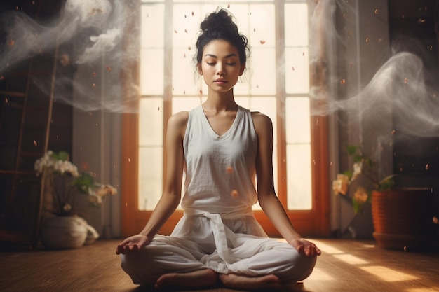 韓国人女性蓮の姿勢で自宅で瞑想