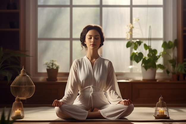 Korean woman meditating in lotus position at home meditating