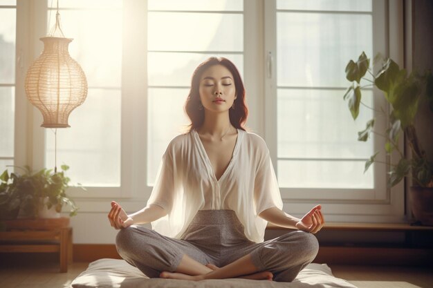 Korean woman meditating in lotus position at home meditating