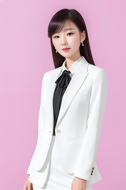 korean woman in office suit with pink background