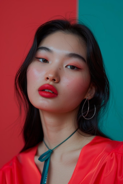 Korean Woman in Red Top With Blue Necklace Generative AI