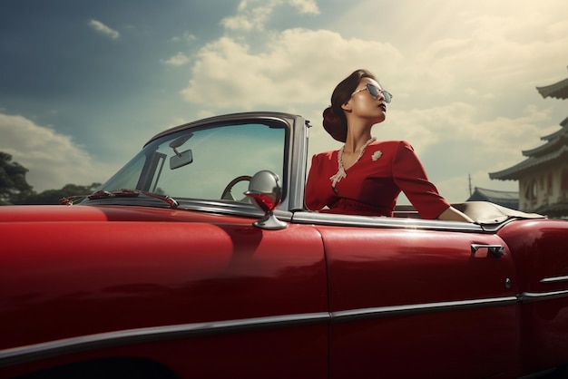 a korean woman sits in a luxury convertible