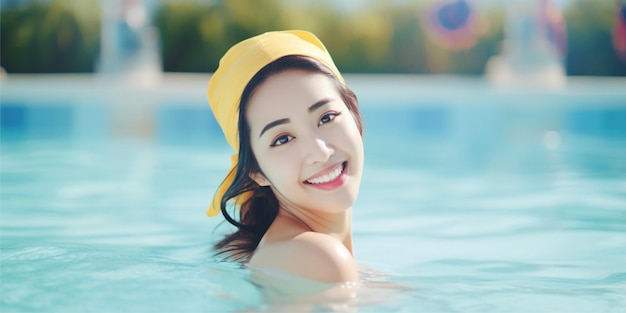 korean woman smiling at the pool