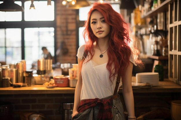 A korean woman wearing trendy clothes against