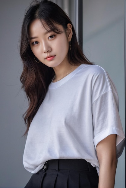 白いTシャツを着た韓国人女性 白いTシャツのモックアップをデザインしました