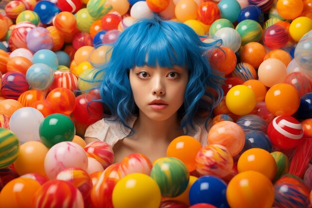 A korean woman with colorful hair lying in the background bathed in colorful balls