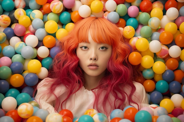 a Korean woman with colorful hair lying in the background bathed in colorful balls