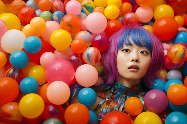 a Korean woman with colorful hair lying in the background bathed in colorful balls