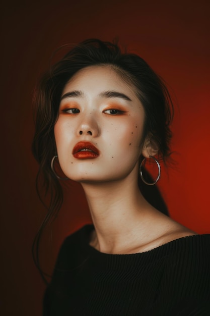 은 립스틱과 큰 울타리 귀걸이를 가진 한국인 여성