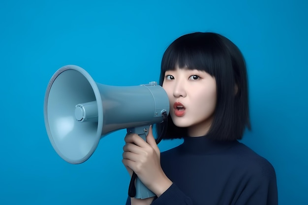 korean women holding megaphone realistic photo