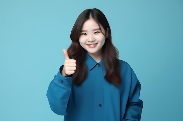 korean women thumbs up pose happy realistic photo hd blue background