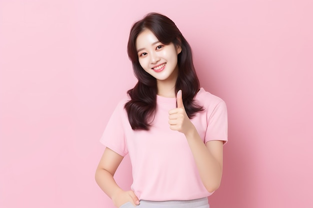 korean women thumbs up pose happy realistic photo