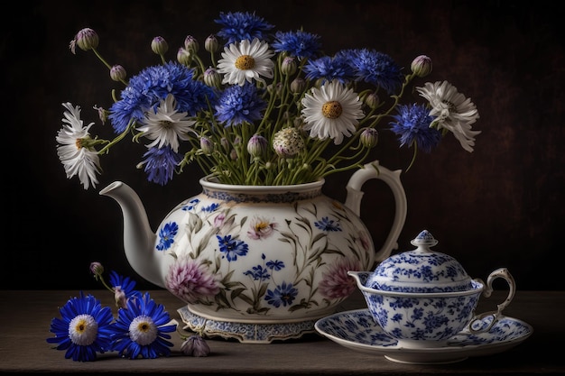 Korenbloemen en chamomiles in theepot op schotel