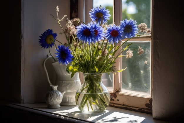 Korenbloemen en kamilles in een vensterbank waar de zon doorheen schijnt