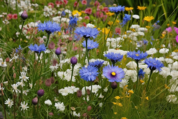 Korenbloemtuin in volle bloei met kamille en wilde bloemen