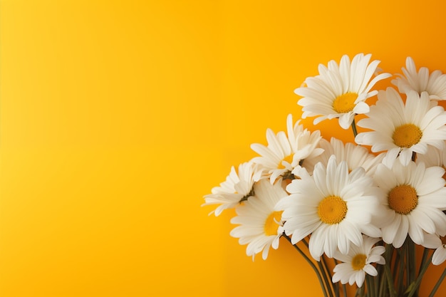 Korf met witte oxeye daisy bloemen op een gele lente achtergrond met kopieerruimte