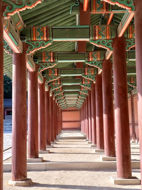 Korridor van het paleis met prachtige dancheong en pilaren in Korea