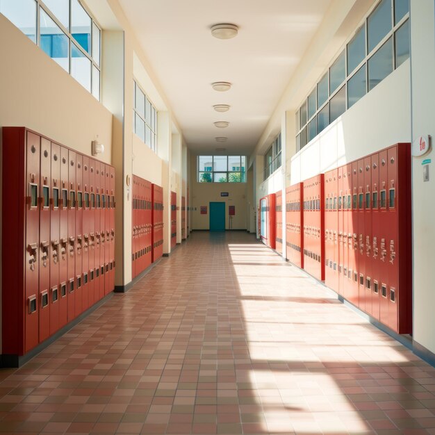 Foto korridors met lockers in een modern schoolgebouw op een zonnige dag