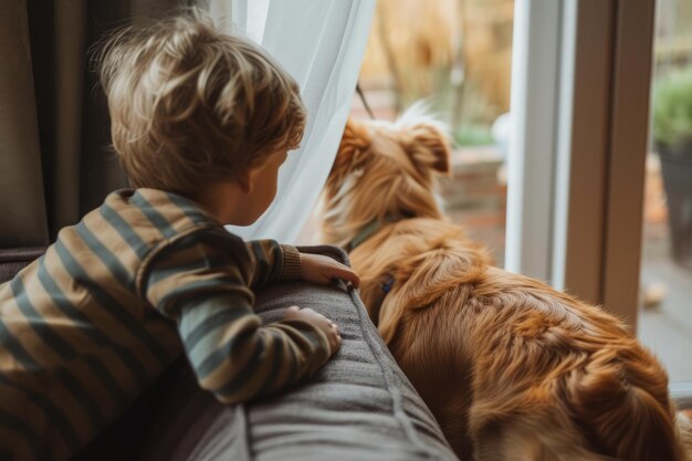 Korte jongen die achteruit op de bank knielt en sluw uit het gordijn kijkt naar de familie die een hond loopt die hij wil aaien.