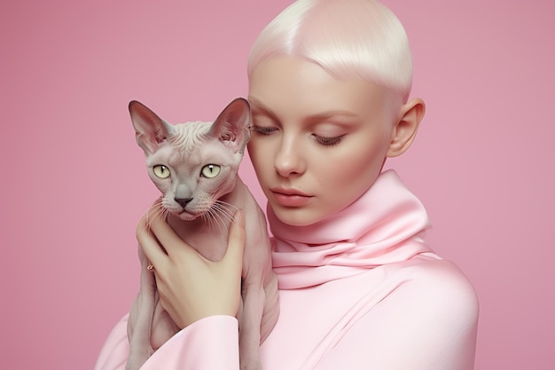 kortharige blonde mooie blanke vrouw omhelst sphynx kat op roze achtergrond