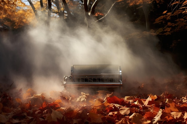 Kortstondige omhelzing van herfstbladeren en mist