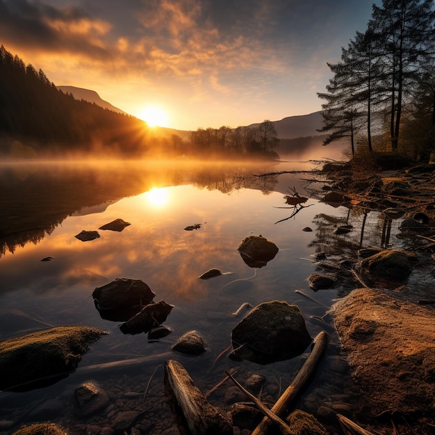 Kortstondige rust Zonsopgang boven Mirror Lake