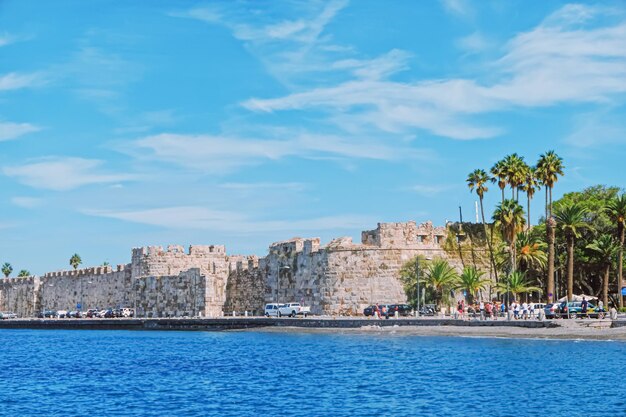 Kos island greece circa may 2020 neratzia castle and blue sea