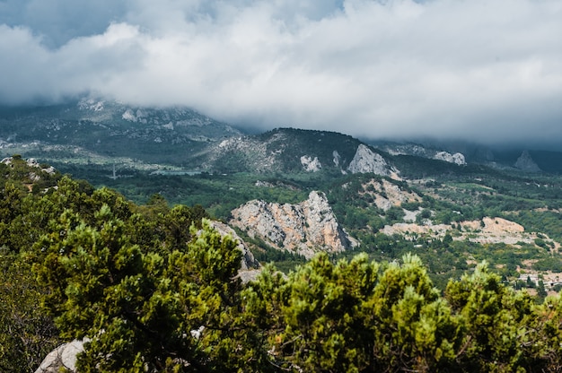 Koshka Rock on shining sea background. Simeiz town, Crimea, Russia