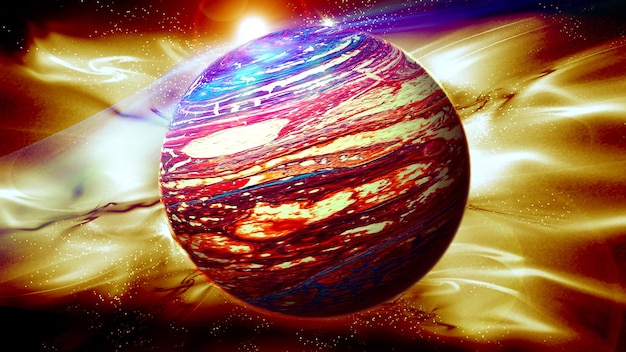 Foto kosmische achtergrond - een gigantische planeet op de achtergrond van een heldere flits.