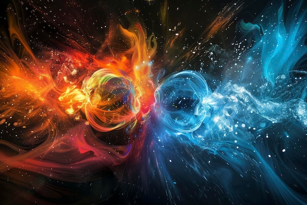 Kosmische botsing Kleurige afbeelding van twee protonen die botsen op een zwarte achtergrond Generatieve AI