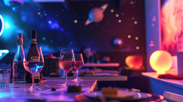 Kosmische eettafel met glazen en flessen