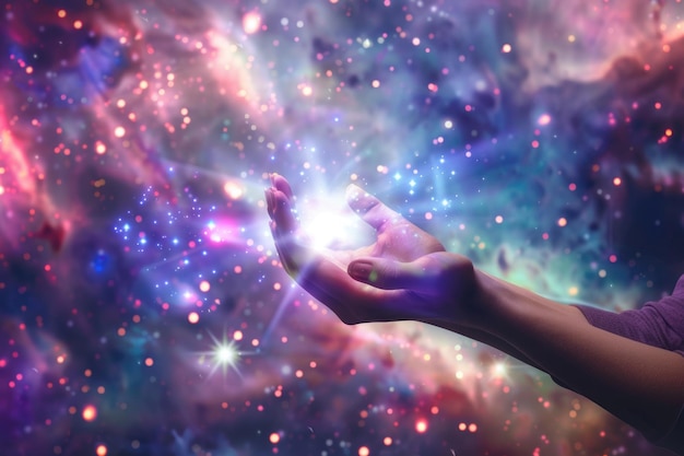 Kosmische energie Vrouwelijke handen reiken naar een kosmische flits tegen de nachtelijke hemel