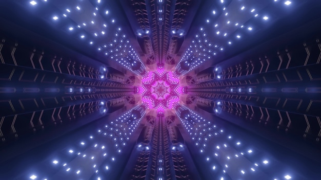 Kosmische gang met neonstralen van licht en roze gekleurd cijfer als futuristische 3d illustratie