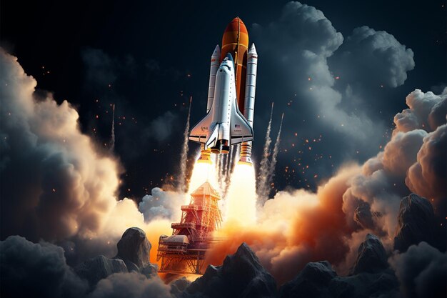 Kosmische reis Rocket vertrekt in de ruimte in boeiende gemengde media