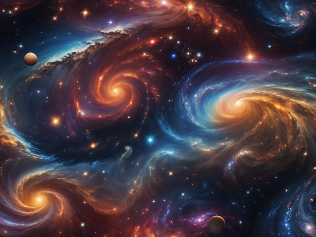 Kosmische wervelingen van sterrenstelsels en sterren creëren een betoverend hemels landschap